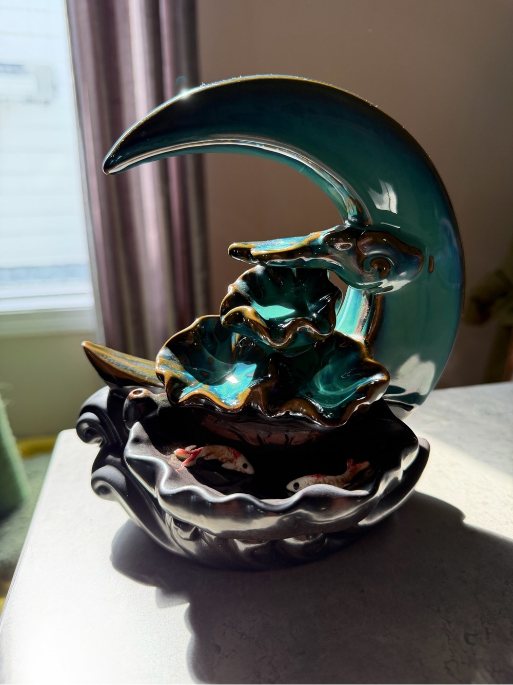 Ceramic Crescent Moon & Koi Pond Backflow Incense Burner / Waterfall Holder